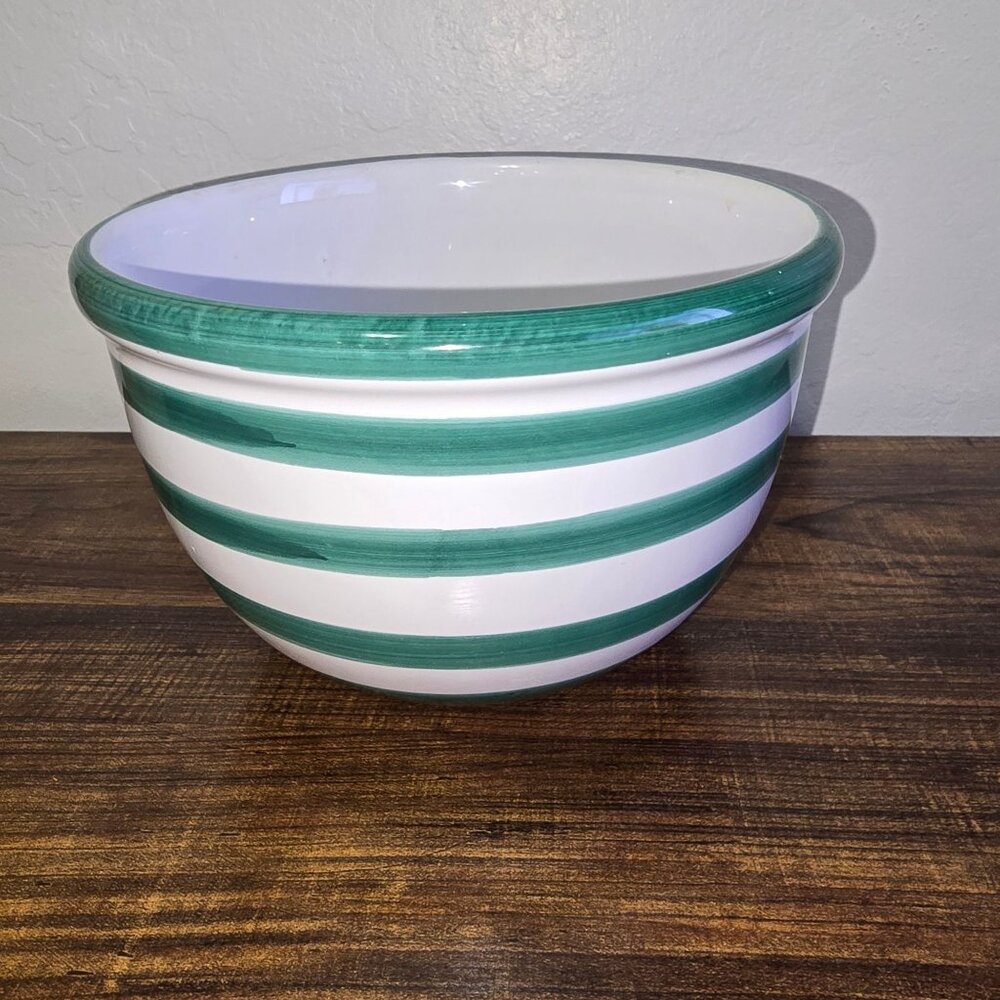 Pier 1 Vintage HandPainted Striped Ceramic Mixing Bowl Green White Italy 8" READ - Picture 4 of 12